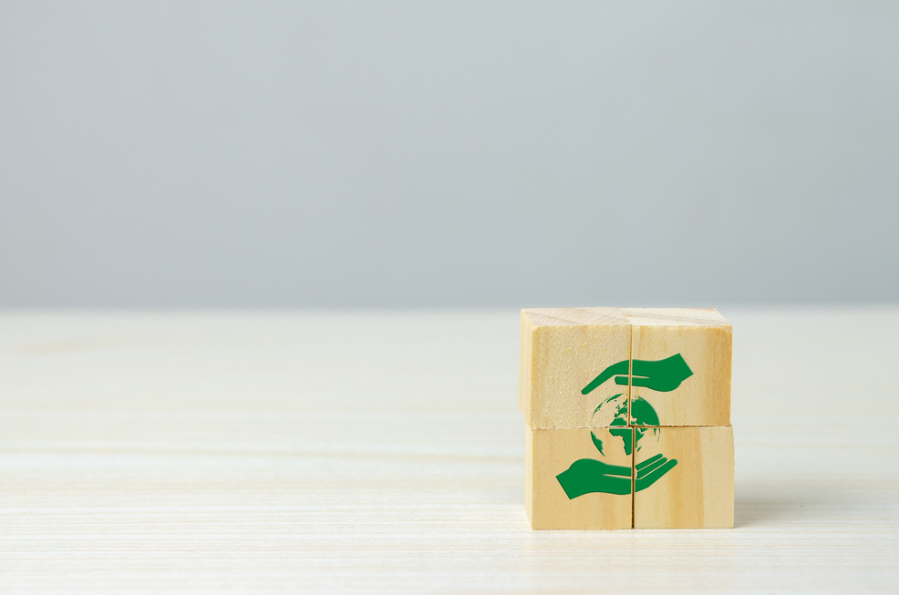Wooden cube with hand and globe icon net zero. Eco-friendly